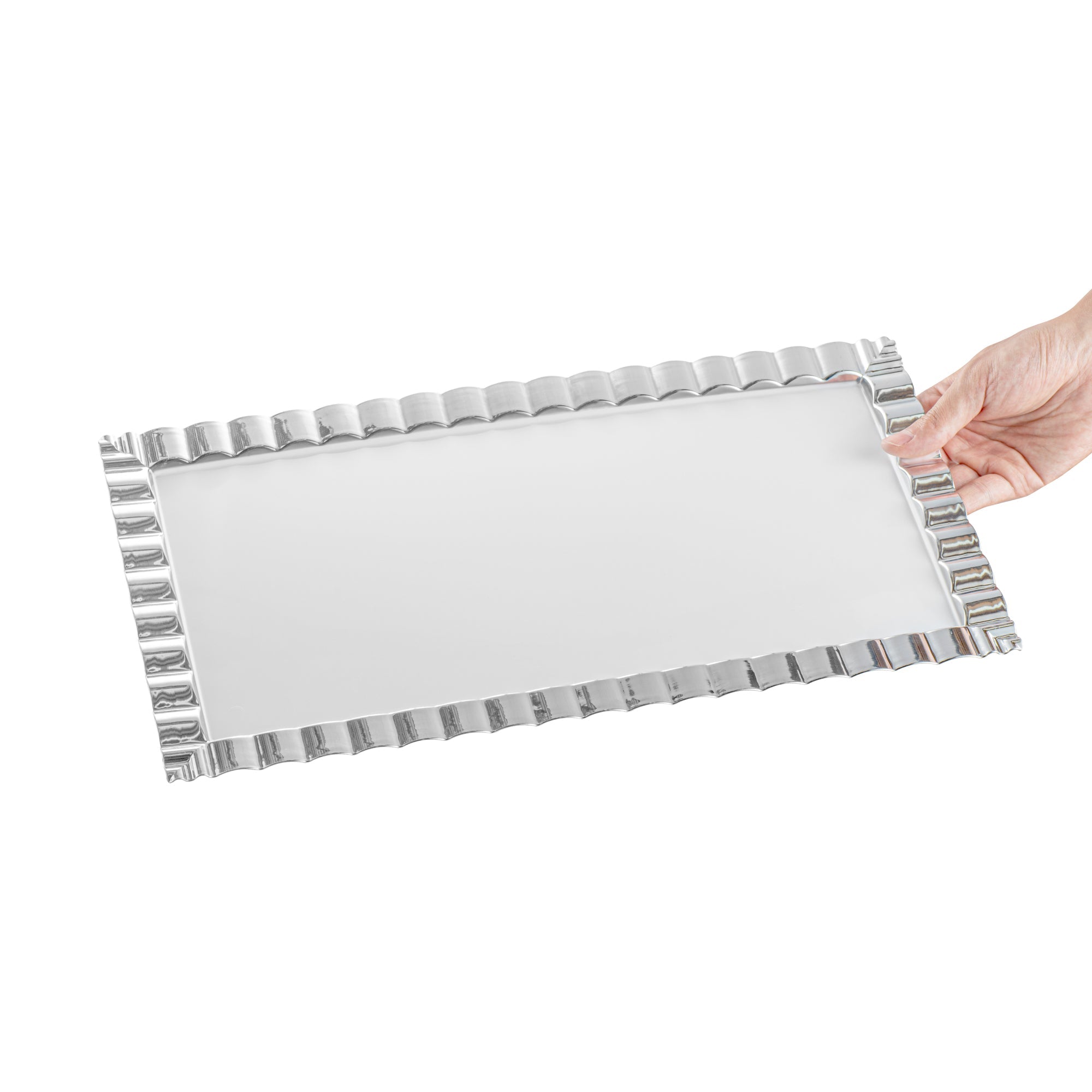 Maxi Serve Rectangle White Plastic Plate - with Silver Ruffled Rim - 17" x 9" - 25 count box