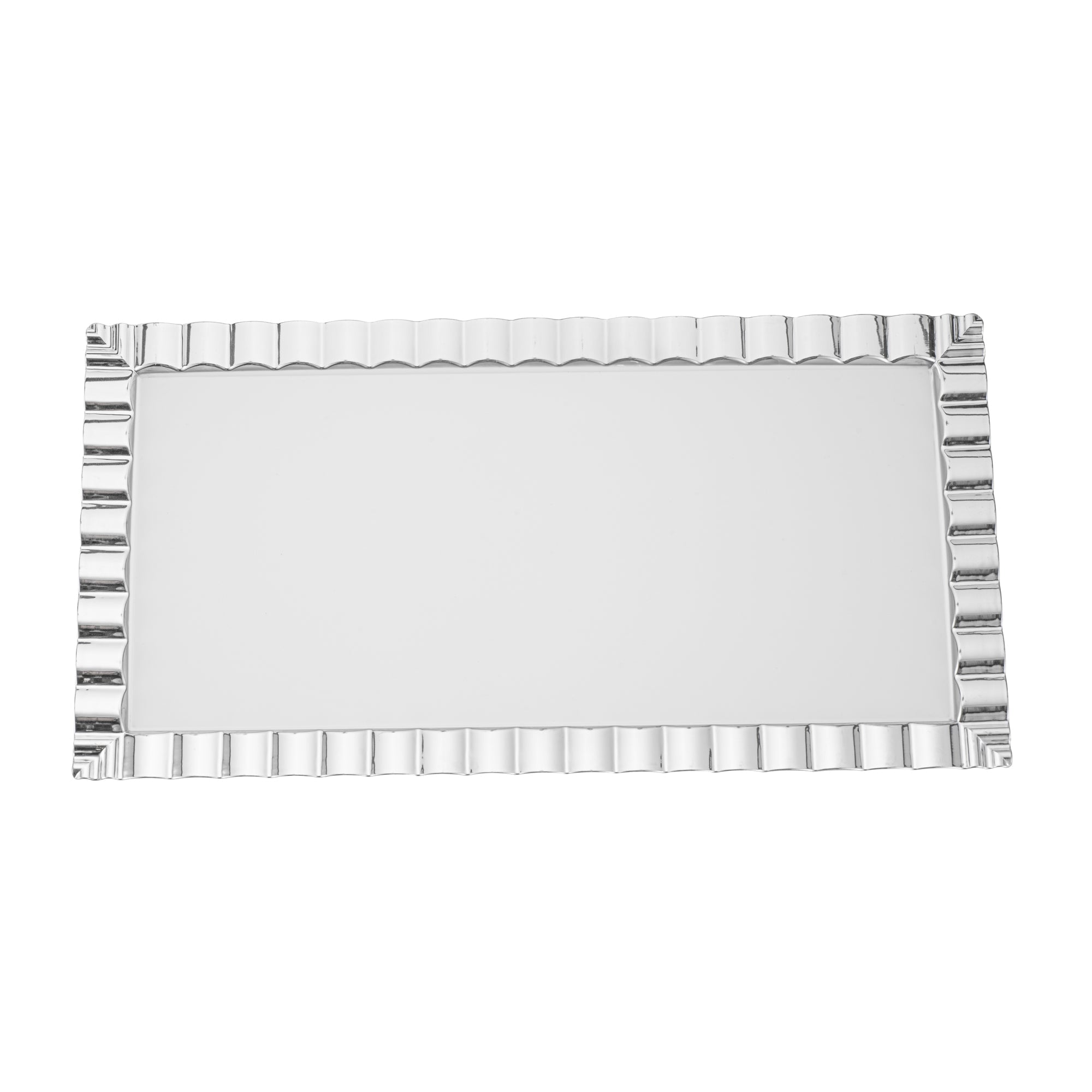 Maxi Serve Rectangle White Plastic Plate - with Silver Ruffled Rim - 17" x 9" - 25 count box