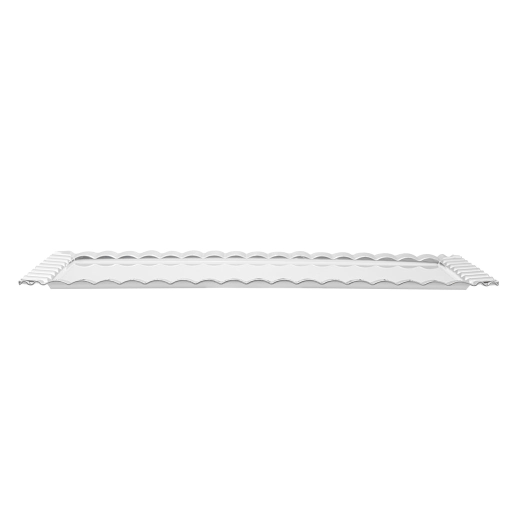 Maxi Serve Rectangle White Plastic Plate - with Silver Ruffled Rim - 17" x 9" - 25 count box