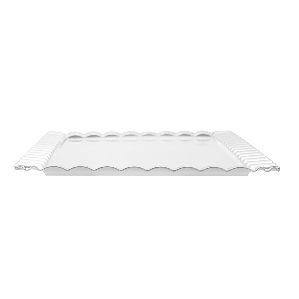 Maxi Serve Rectangle White Plastic Plate - with Silver Ruffled Rim - 17" x 9" - 25 count box