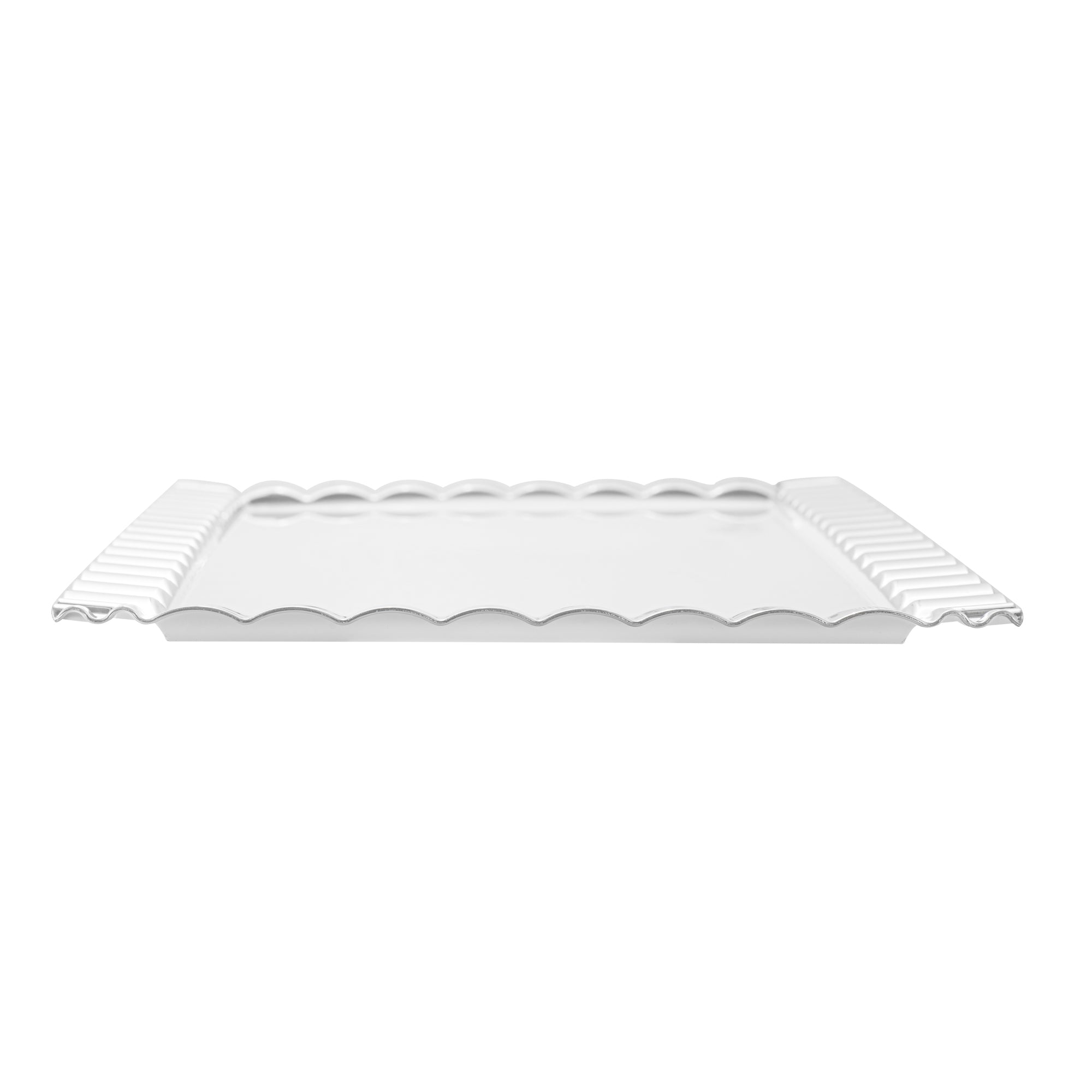 Maxi Serve Rectangle White Plastic Plate - with Silver Ruffled Rim - 17" x 9" - 25 count box