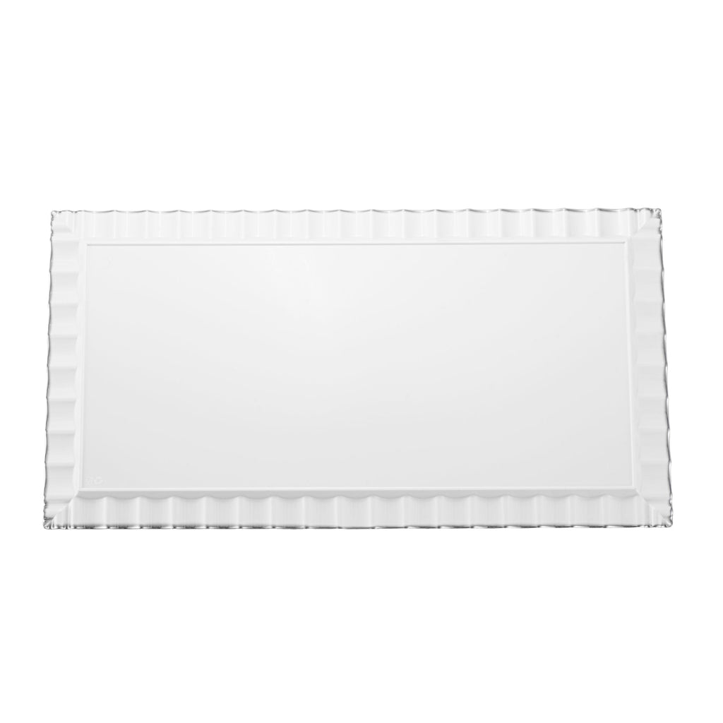Maxi Serve Rectangle White Plastic Plate - with Silver Ruffled Rim - 17" x 9" - 25 count box