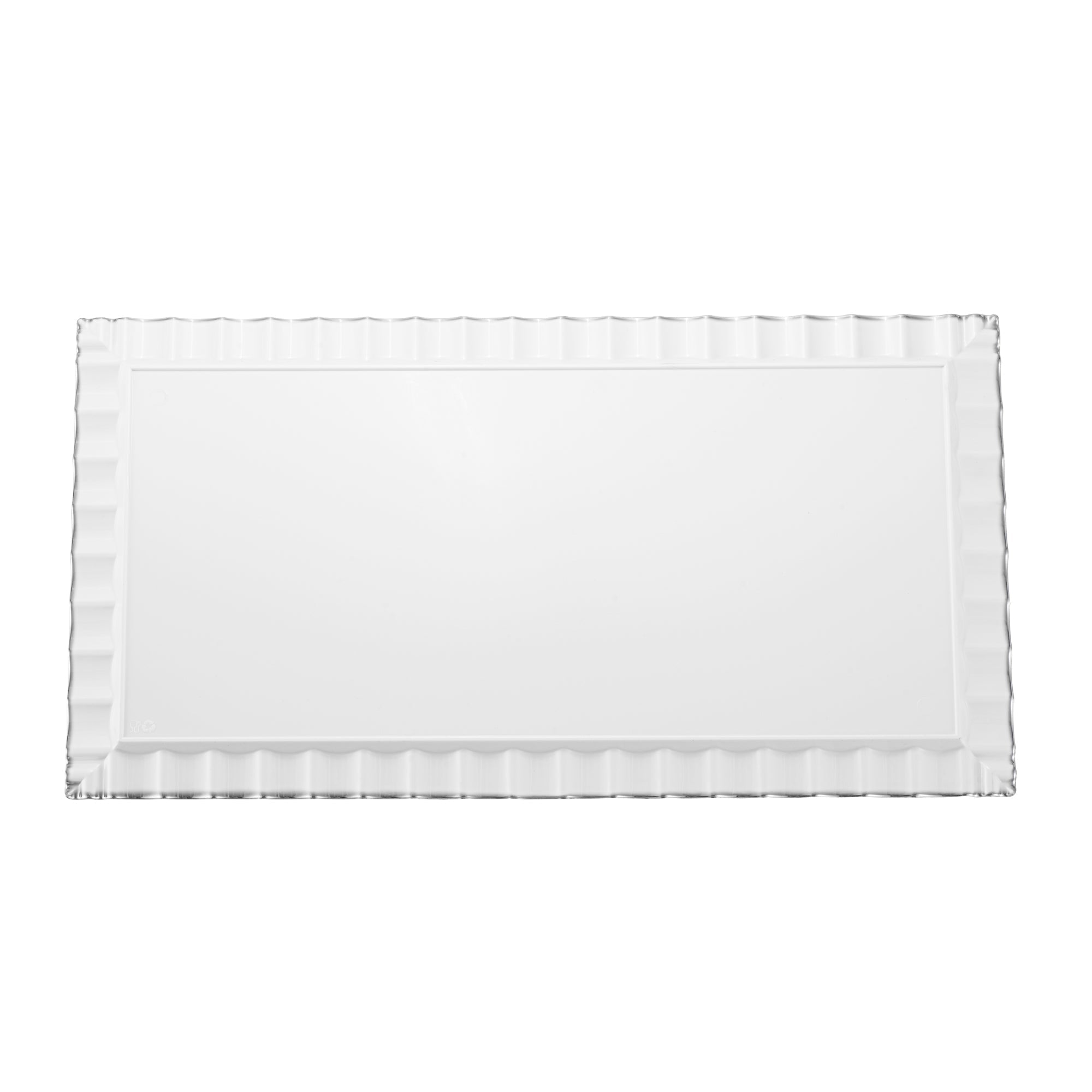 Maxi Serve Rectangle White Plastic Plate - with Silver Ruffled Rim - 17" x 9" - 25 count box