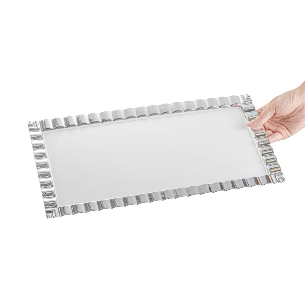 Maxi Serve Rectangle White Plastic Plate - with Silver Ruffled Rim - 17" x 9" - 100 count box