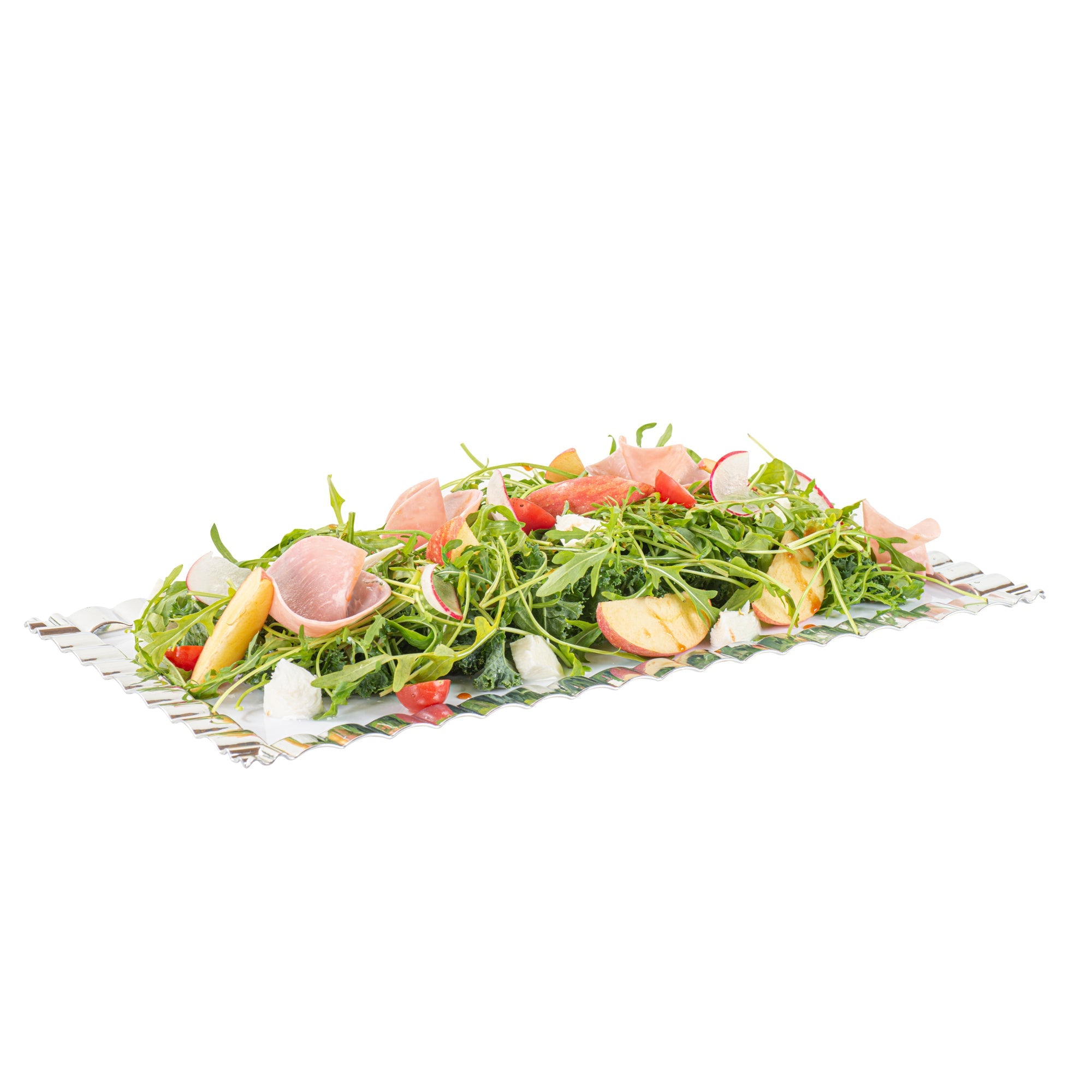 Maxi Serve Rectangle White Plastic Plate - with Silver Ruffled Rim - 17" x 9" - 100 count box