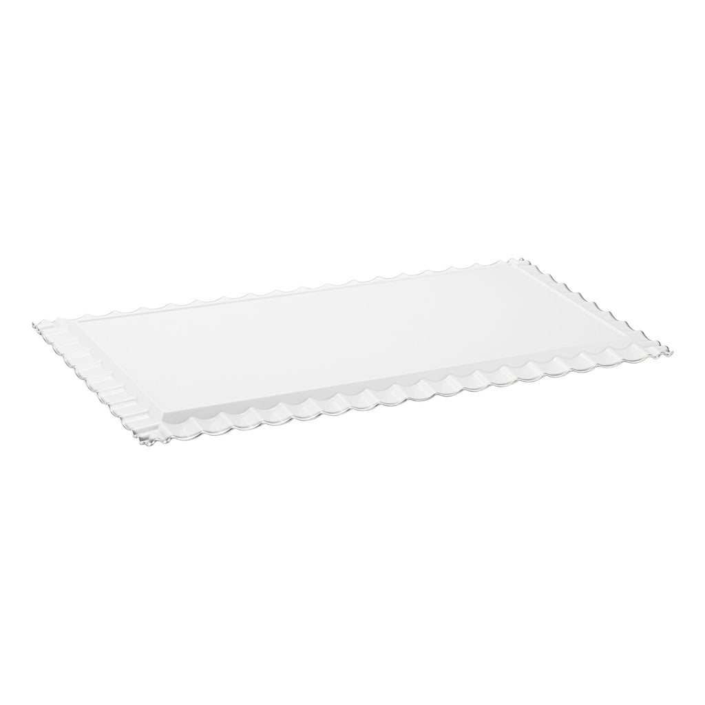 Maxi Serve Rectangle White Plastic Plate - with Silver Ruffled Rim - 17" x 9" - 100 count box