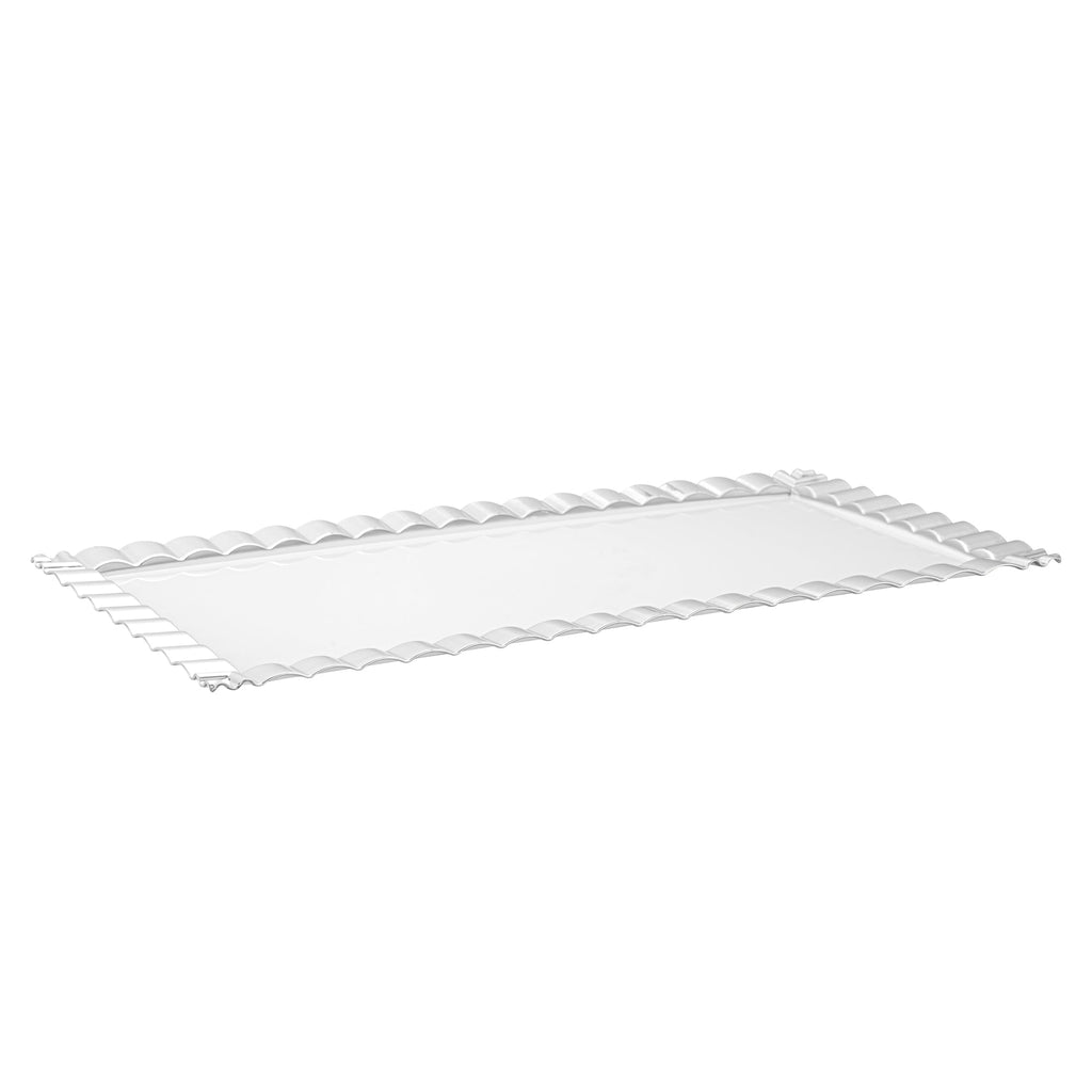 Maxi Serve Rectangle White Plastic Plate - with Silver Ruffled Rim - 17" x 9" - 100 count box