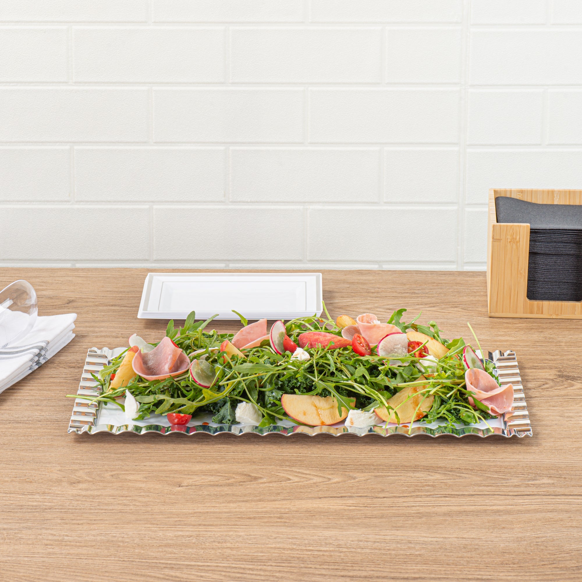 Maxi Serve Rectangle White Plastic Plate - with Silver Ruffled Rim - 17" x 9" - 100 count box