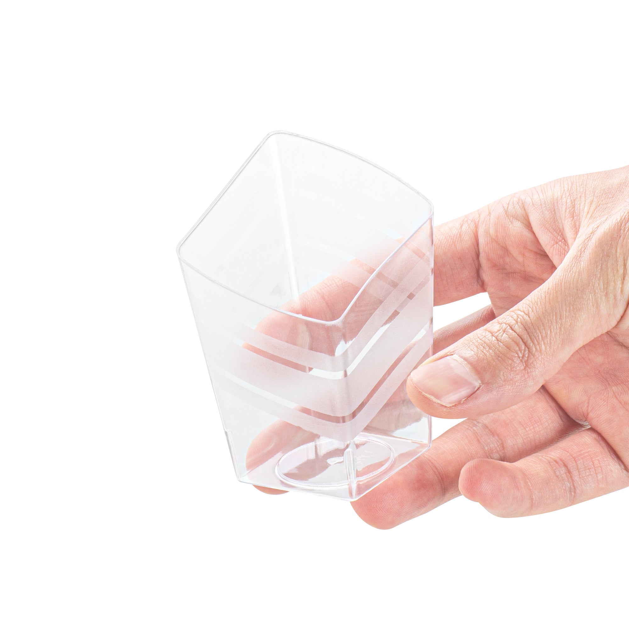 Mini Serve 3 oz Rounded Diamond Clear Plastic Incline Cup - with Stripes - 2" x 2" x 3" - 100 count box