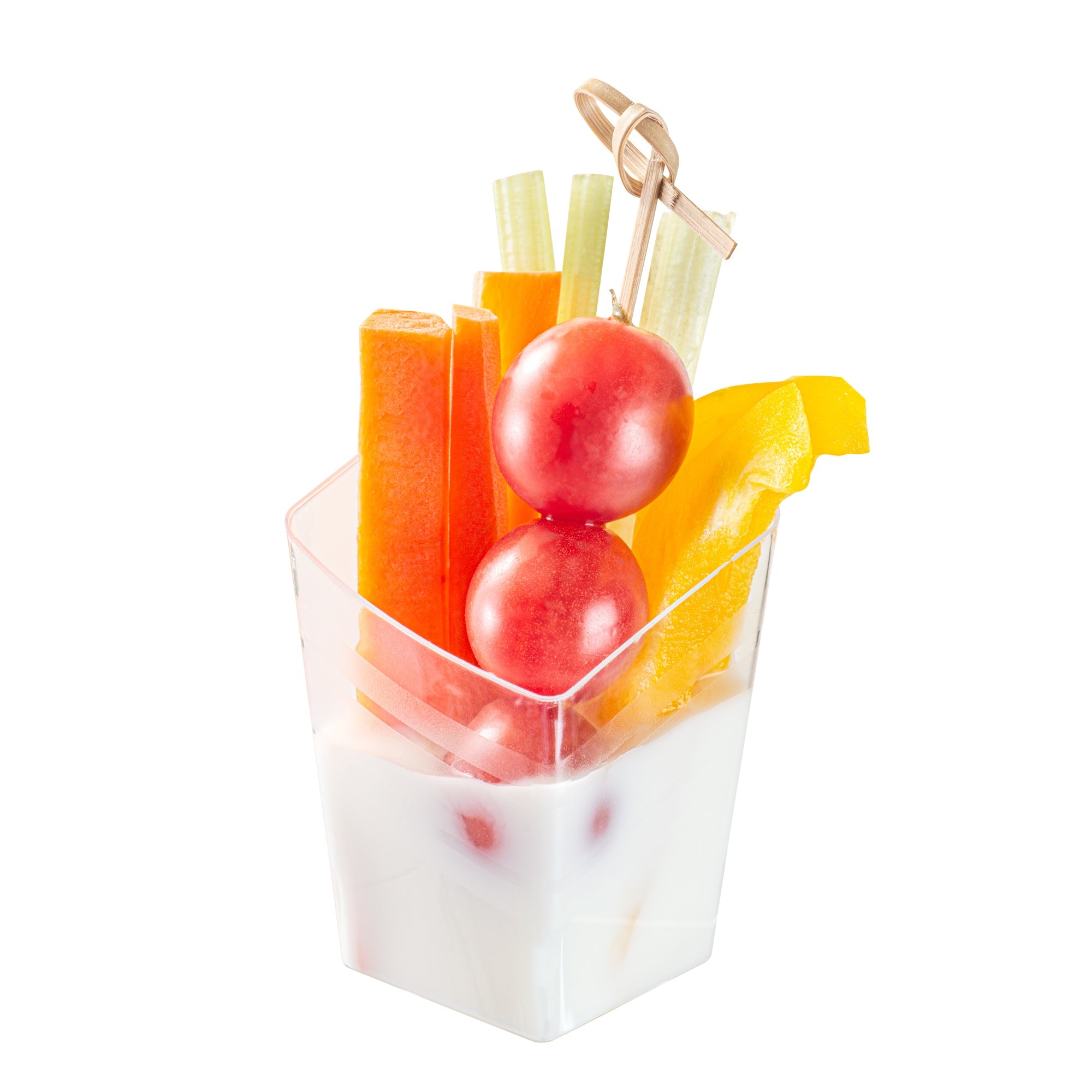 Mini Serve 3 oz Rounded Diamond Clear Plastic Incline Cup - with Stripes - 2" x 2" x 3" - 100 count box