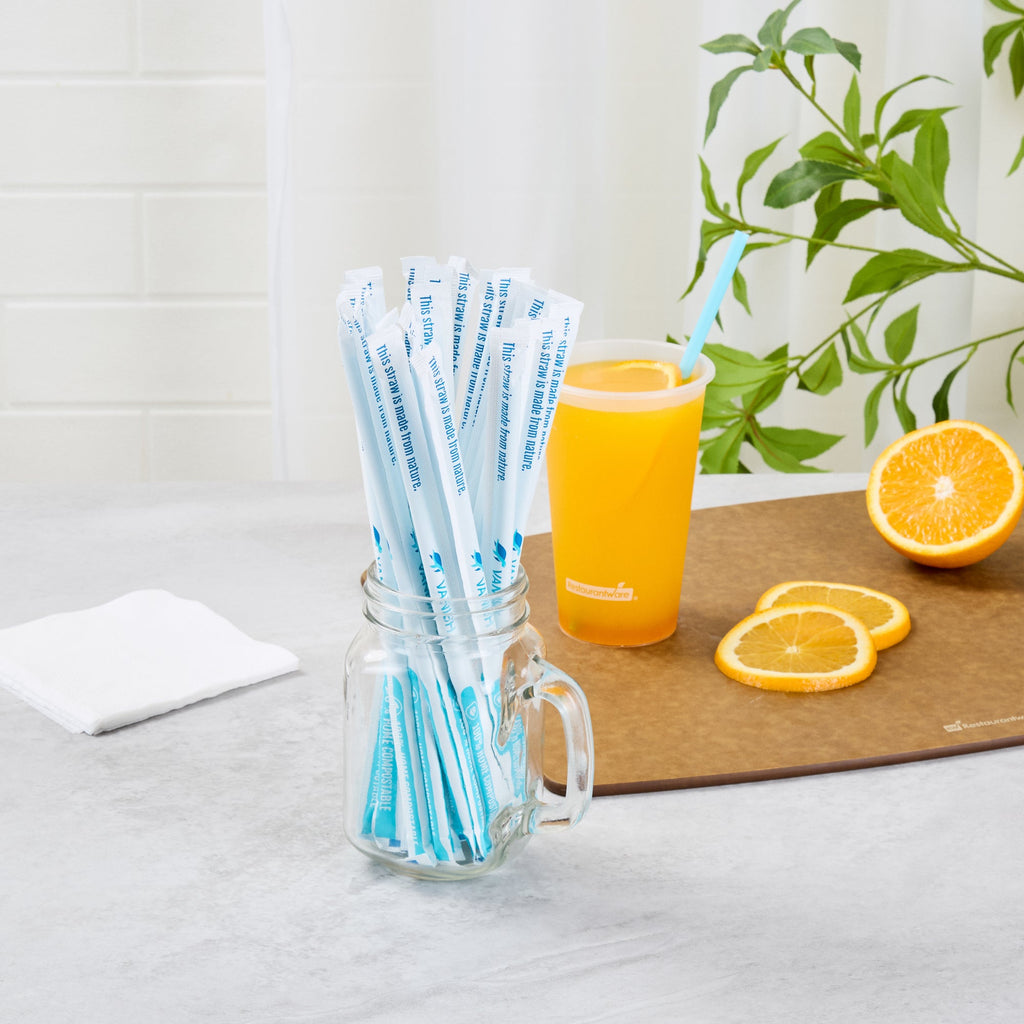 Vanish Blue PHA Plastic Straw - Wrapped, Compostable - 8 1/4" - 100 count box