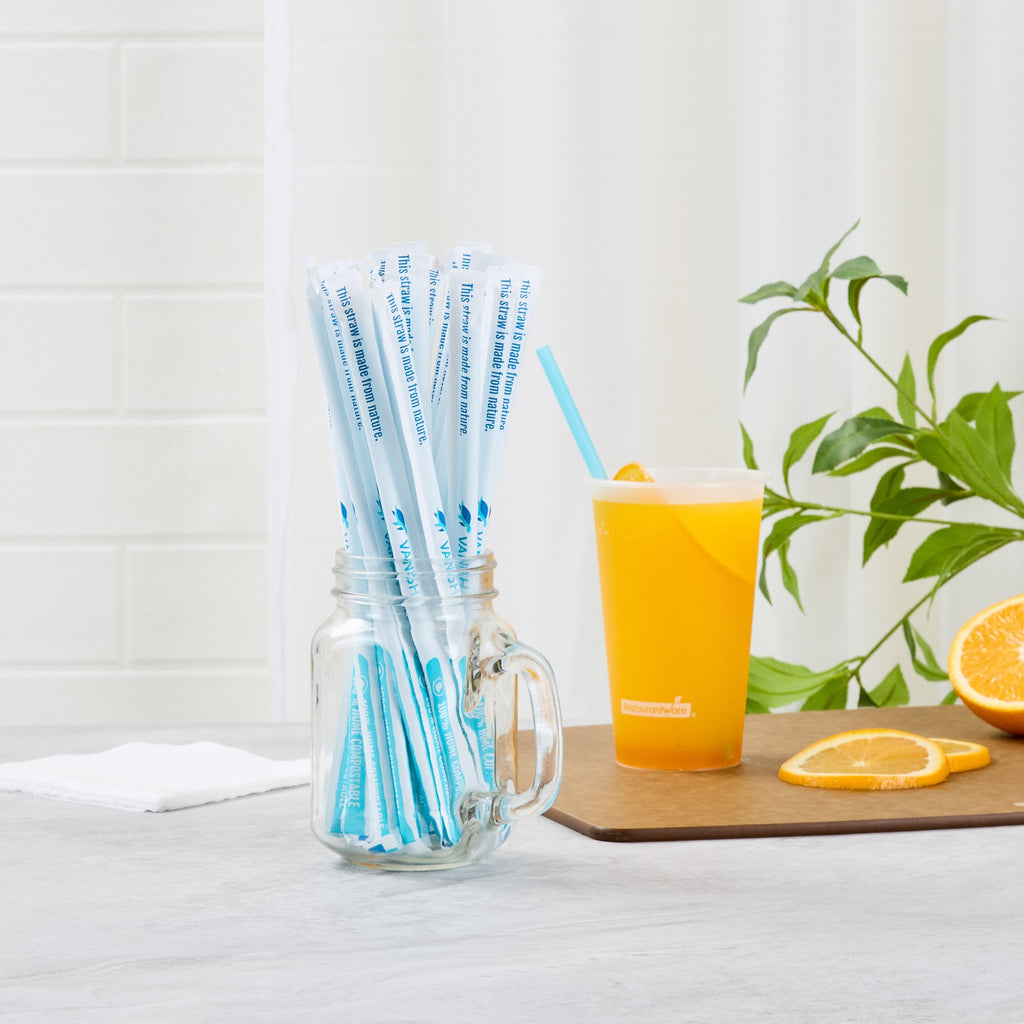 Vanish Blue PHA Plastic Straw - Wrapped, Compostable - 8 1/4" - 100 count box
