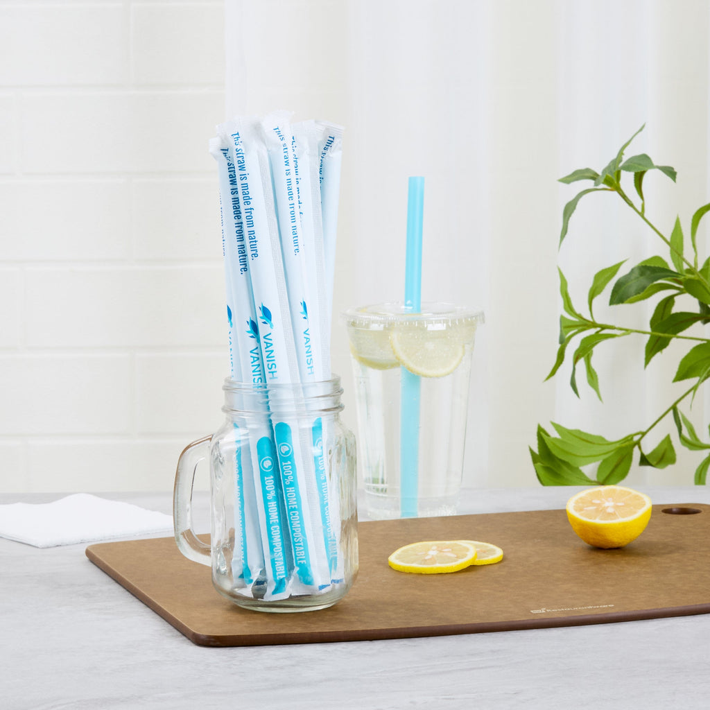 Vanish Blue PHA Plastic Straw - Wrapped, Compostable - 9" - 100 count box