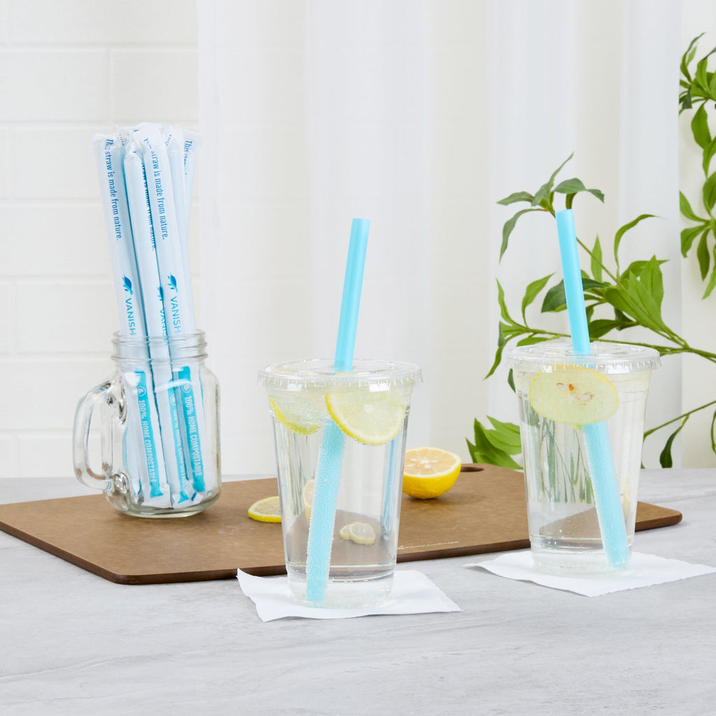 Vanish Blue PHA Plastic Straw - Wrapped, Compostable - 9" - 100 count box