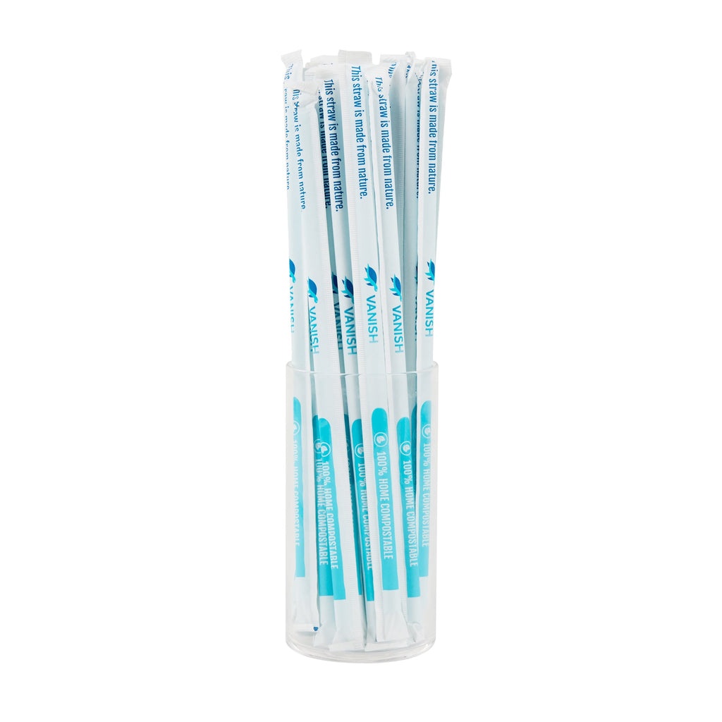 Vanish Blue PHA Plastic Straw - Wrapped, Compostable - 10 1/4" - 100 count box