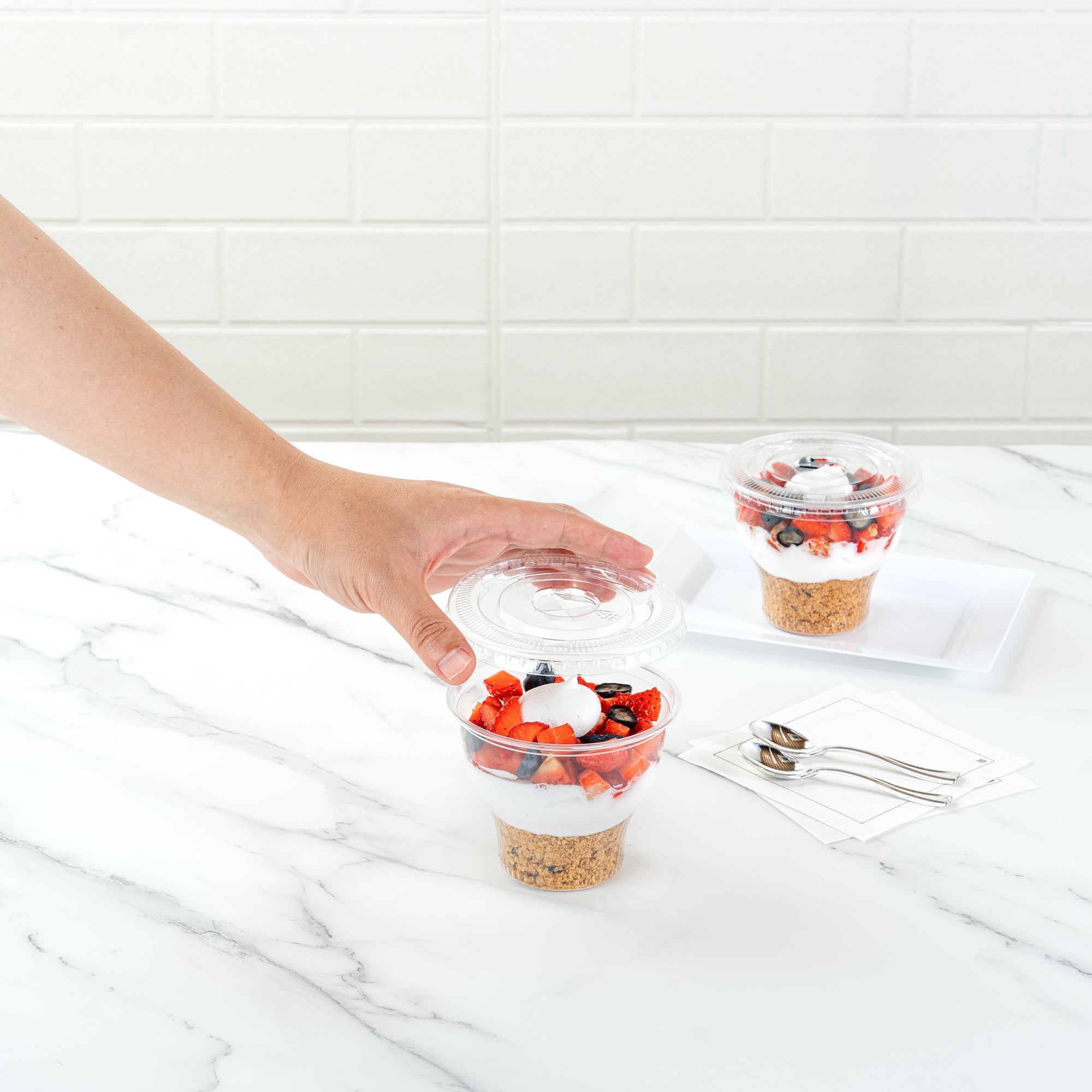 Chef 101 Round Clear Plastic Flat Lid - Fits Plastic Dessert Cup - 3 3/4" x 3 3/4" - 50 count box