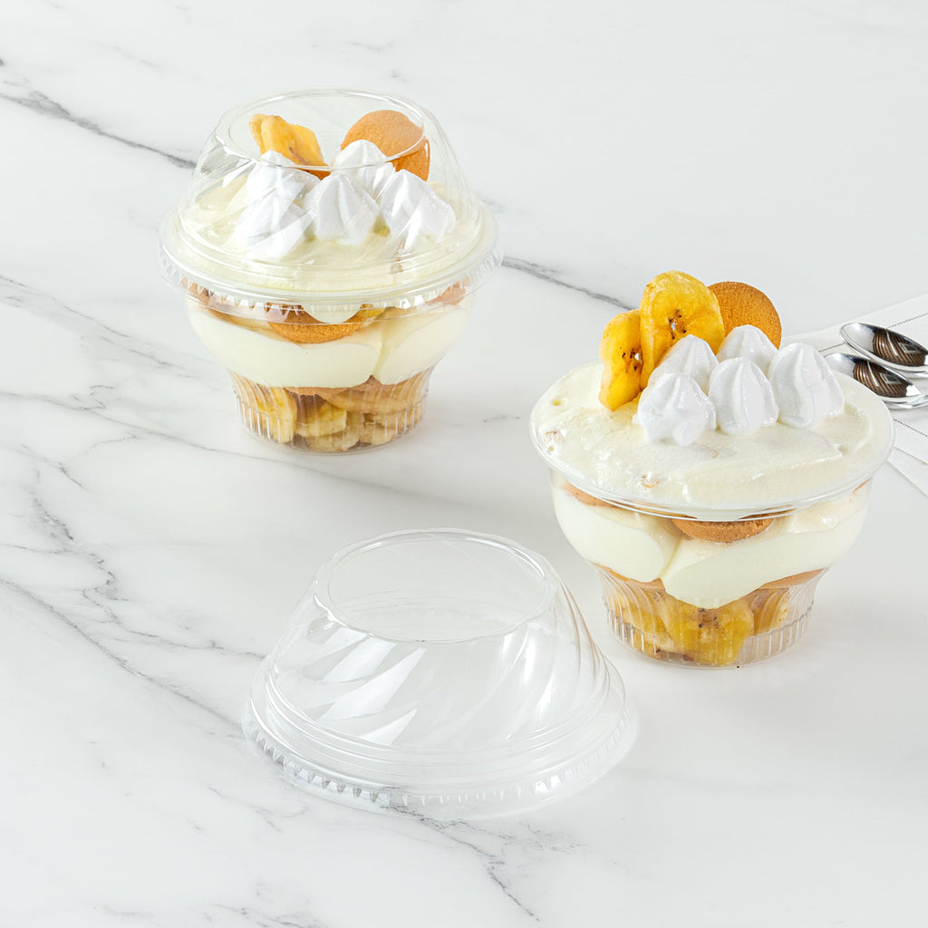 Chef 101 Round Clear Plastic Low Dome Lid - Fits Plastic Dessert Cup - 3 3/4" x 3 3/4" x 1 1/2" - 50 count box