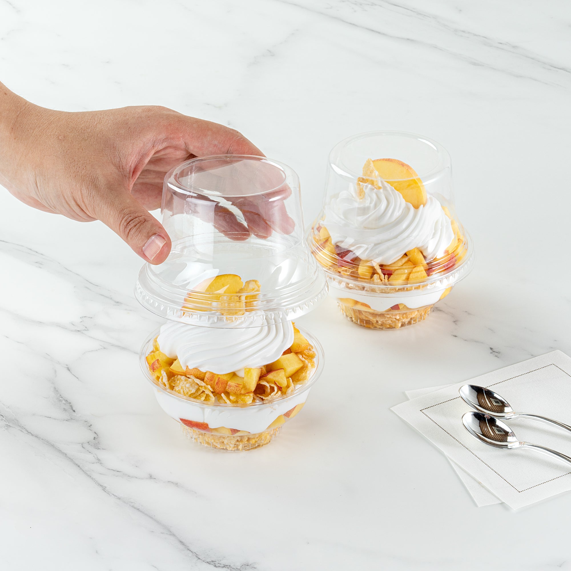 Chef 101 Round Clear Plastic Tall Dome Lid - Fits Plastic Dessert Cup - 3 3/4" x 3 3/4" x 2 1/2" - 50 count box