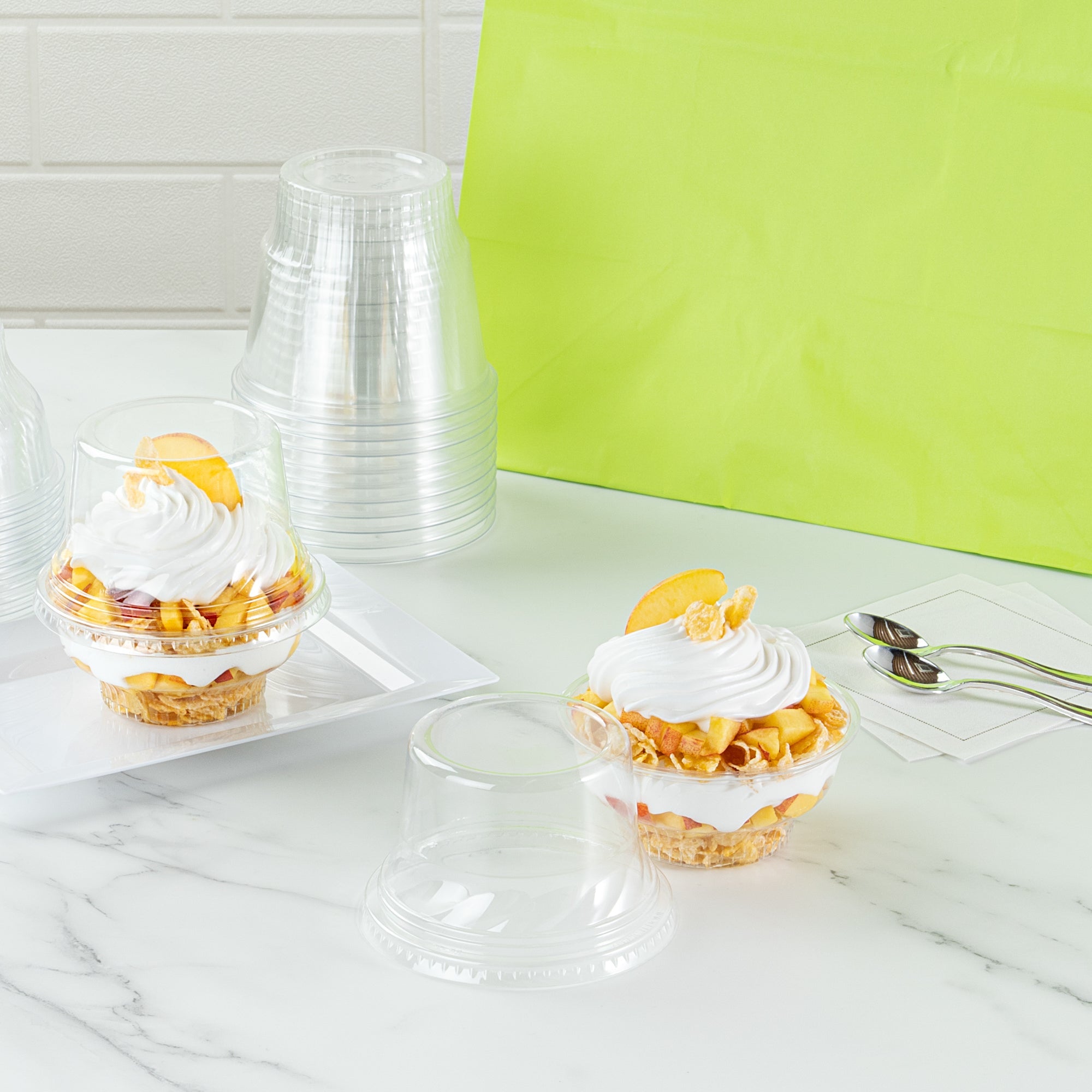 Chef 101 Round Clear Plastic Tall Dome Lid - Fits Plastic Dessert Cup - 3 3/4" x 3 3/4" x 2 1/2" - 50 count box