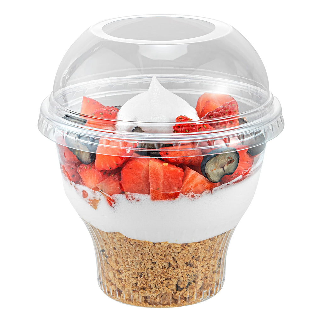 Chef 101 Round Clear Plastic Dome Lid - Fits Plastic Dessert Cup, with Hole - 3 3/4" x 3 3/4" x 1 1/2" - 500 count box