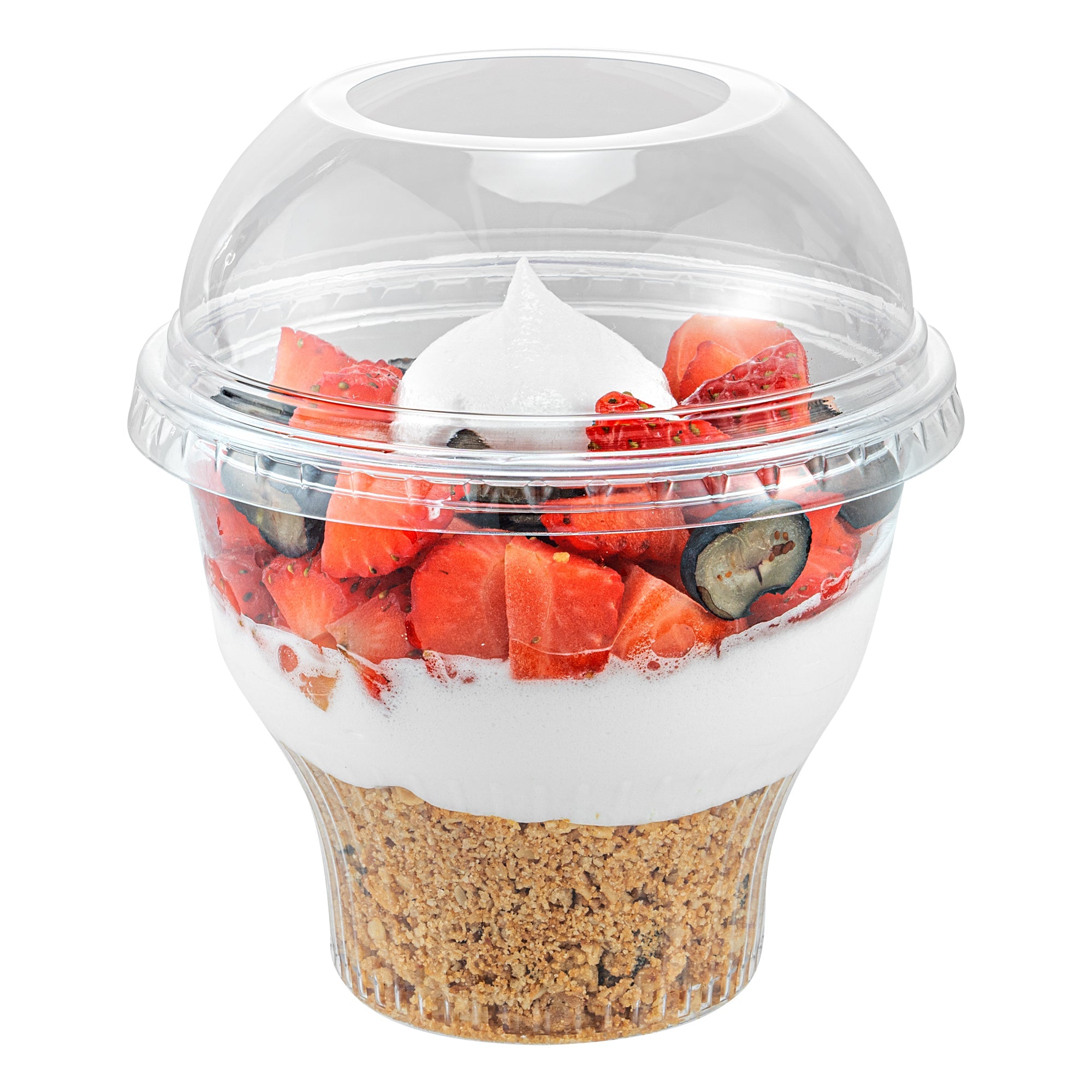 Chef 101 Round Clear Plastic Dome Lid - Fits Plastic Dessert Cup, with Hole - 3 3/4" x 3 3/4" x 1 1/2" - 500 count box
