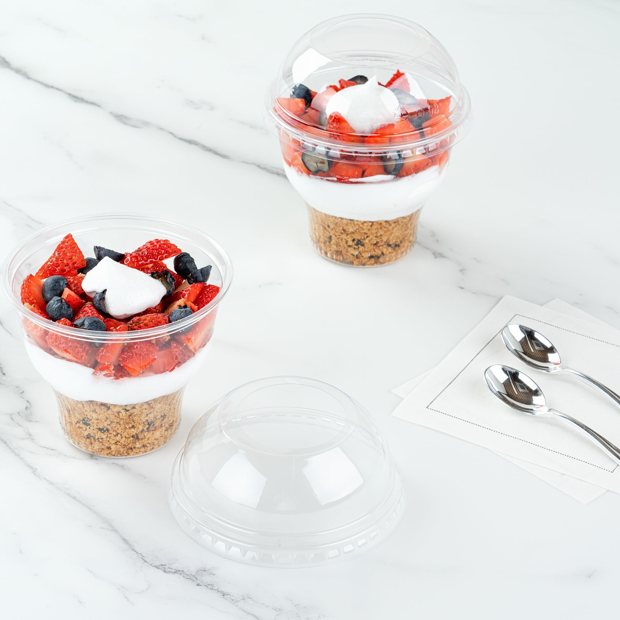 Chef 101 Round Clear Plastic Dome Lid - Fits Plastic Dessert Cup, with Hole - 3 3/4" x 3 3/4" x 1 1/2" - 50 count box