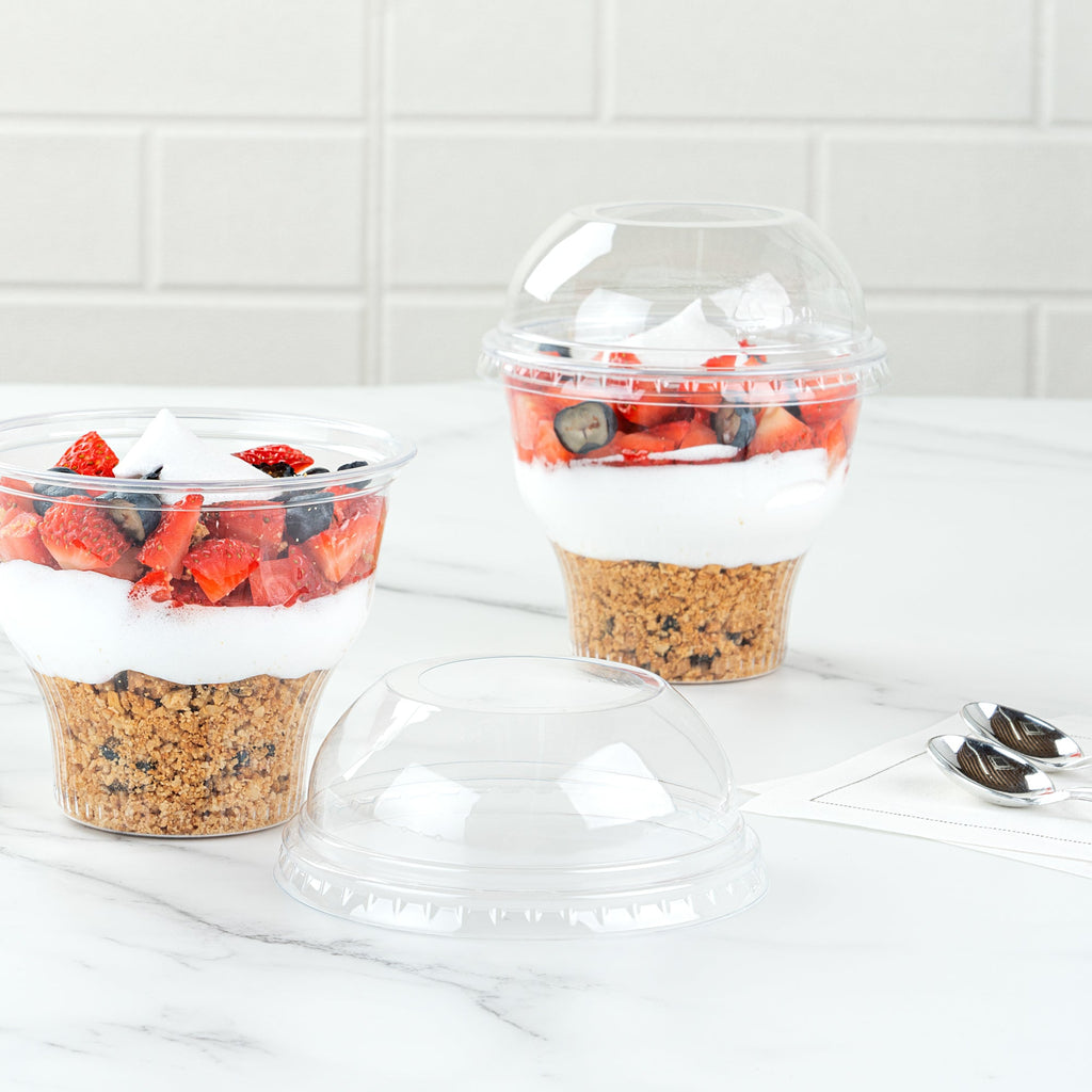 Chef 101 Round Clear Plastic Dome Lid - Fits Plastic Dessert Cup, with Hole - 3 3/4" x 3 3/4" x 1 1/2" - 50 count box