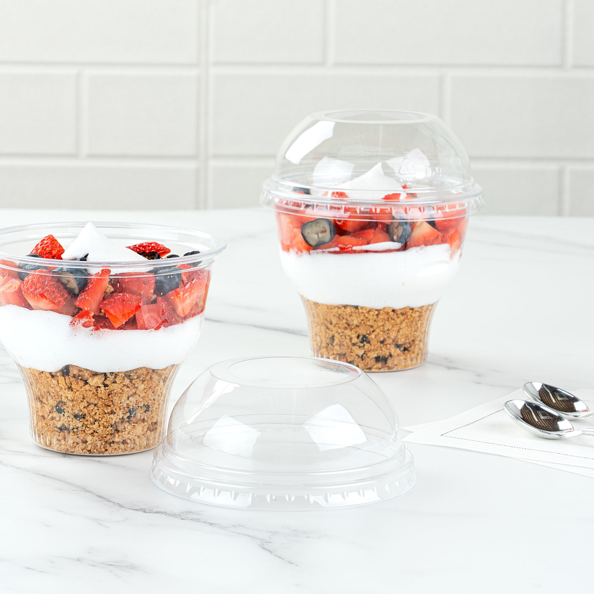 Chef 101 Round Clear Plastic Dome Lid - Fits Plastic Dessert Cup, with Hole - 3 3/4" x 3 3/4" x 1 1/2" - 50 count box
