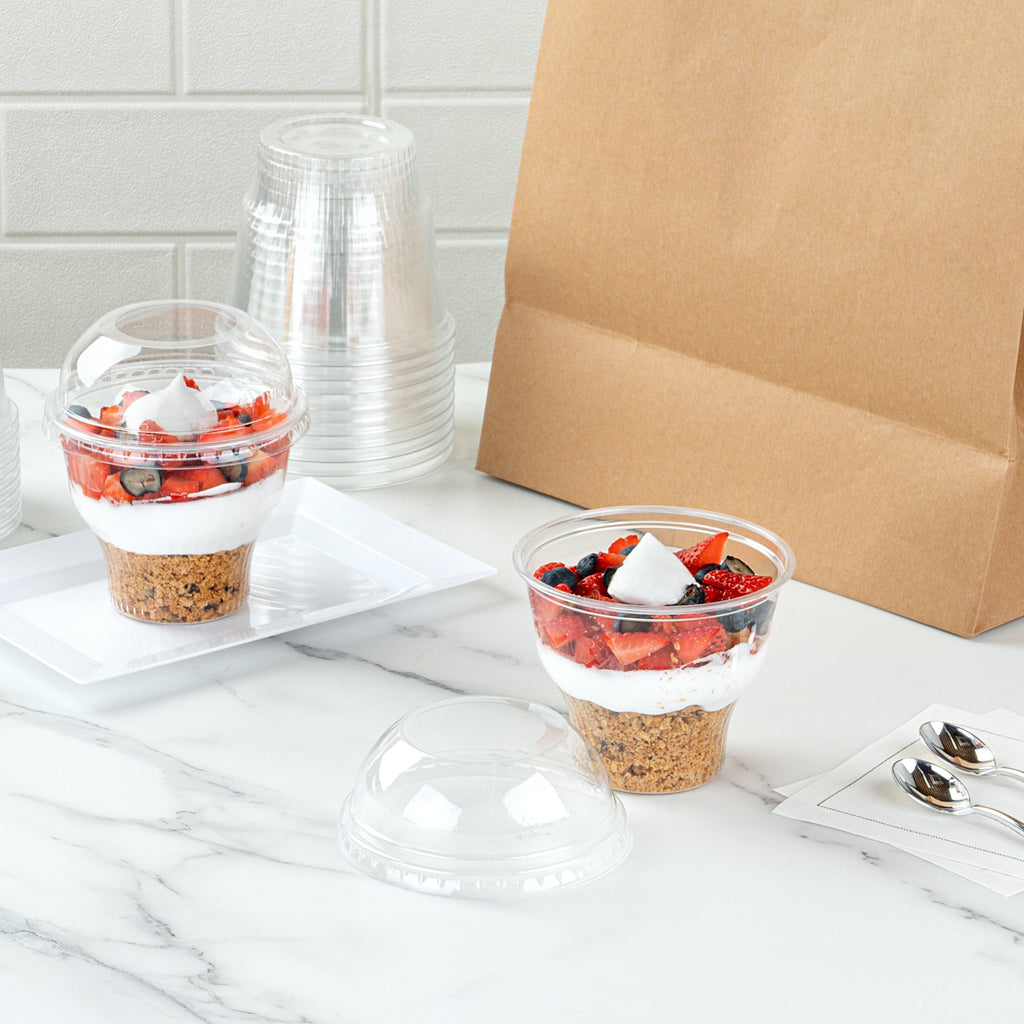 Chef 101 Round Clear Plastic Dome Lid - Fits Plastic Dessert Cup, with Hole - 3 3/4" x 3 3/4" x 1 1/2" - 50 count box