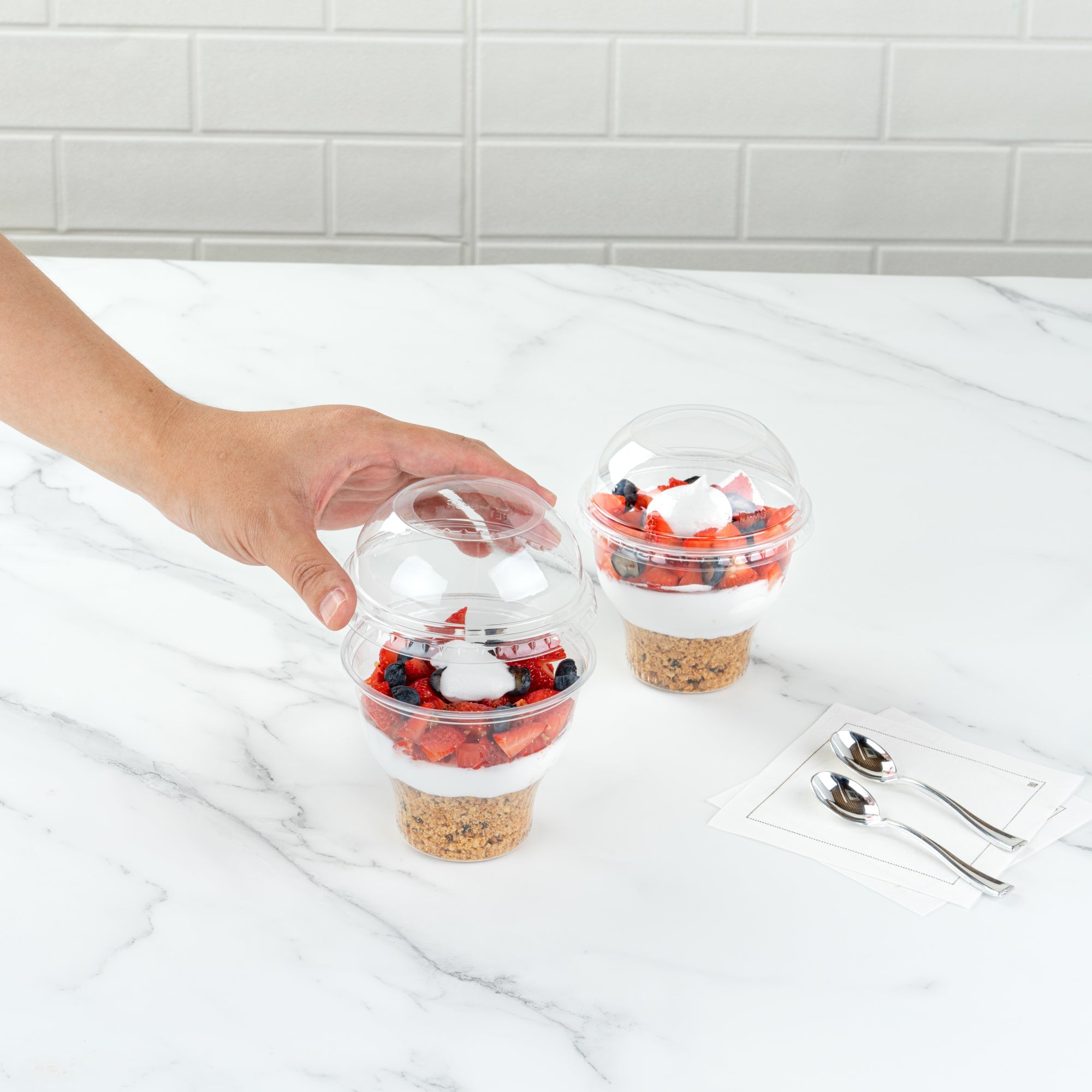 Chef 101 Round Clear Plastic Dome Lid - Fits Plastic Dessert Cup, with Hole - 3 3/4" x 3 3/4" x 1 1/2" - 500 count box