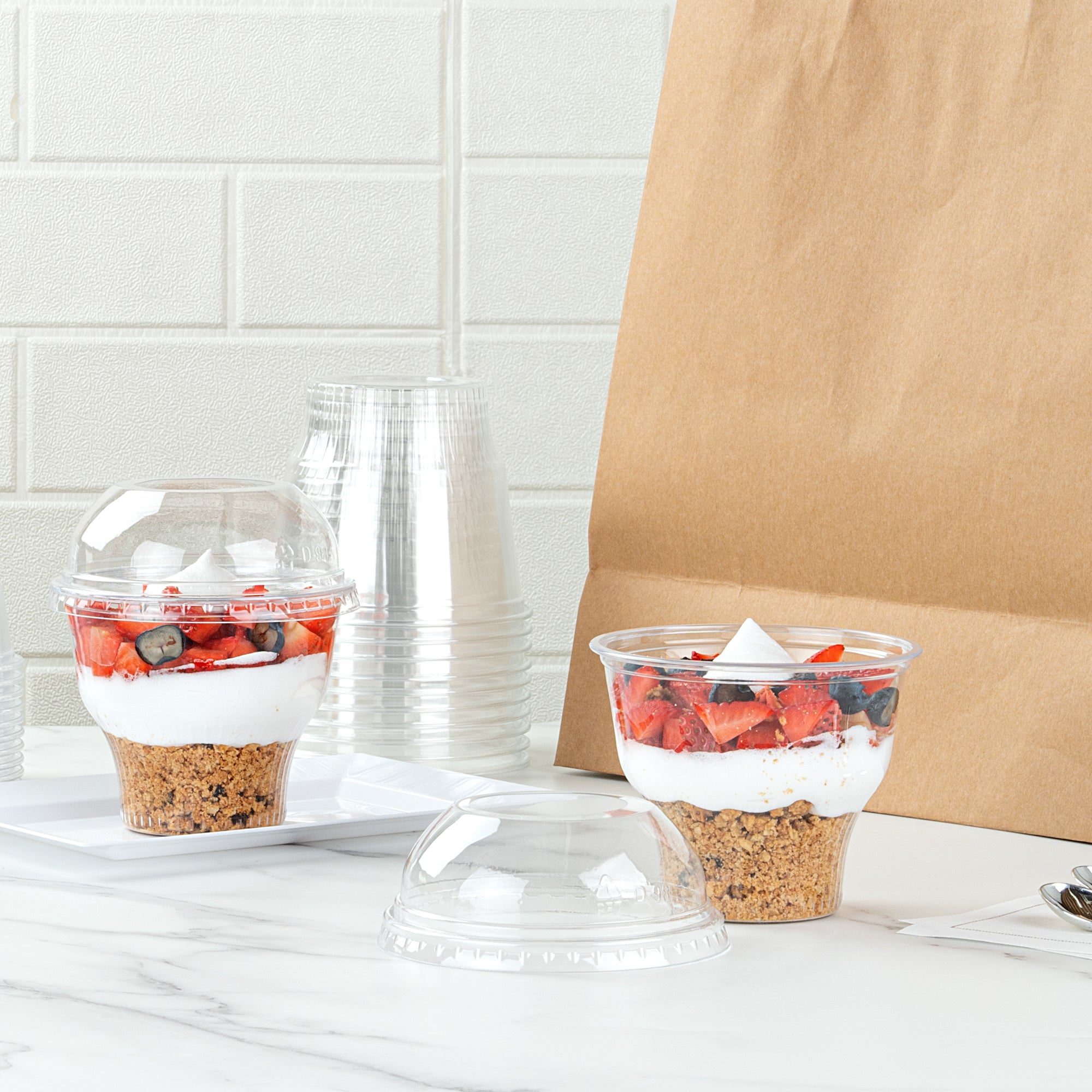 Chef 101 Round Clear Plastic Dome Lid - Fits Plastic Dessert Cup, with Hole - 3 3/4" x 3 3/4" x 1 1/2" - 500 count box