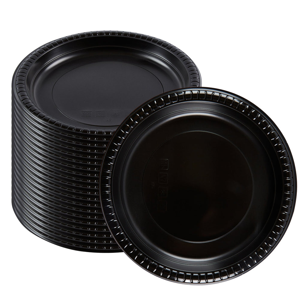 Chef 101 Round Black Plastic Plate - Microwavable - 9" x 9" x 3/4" - 100 count box