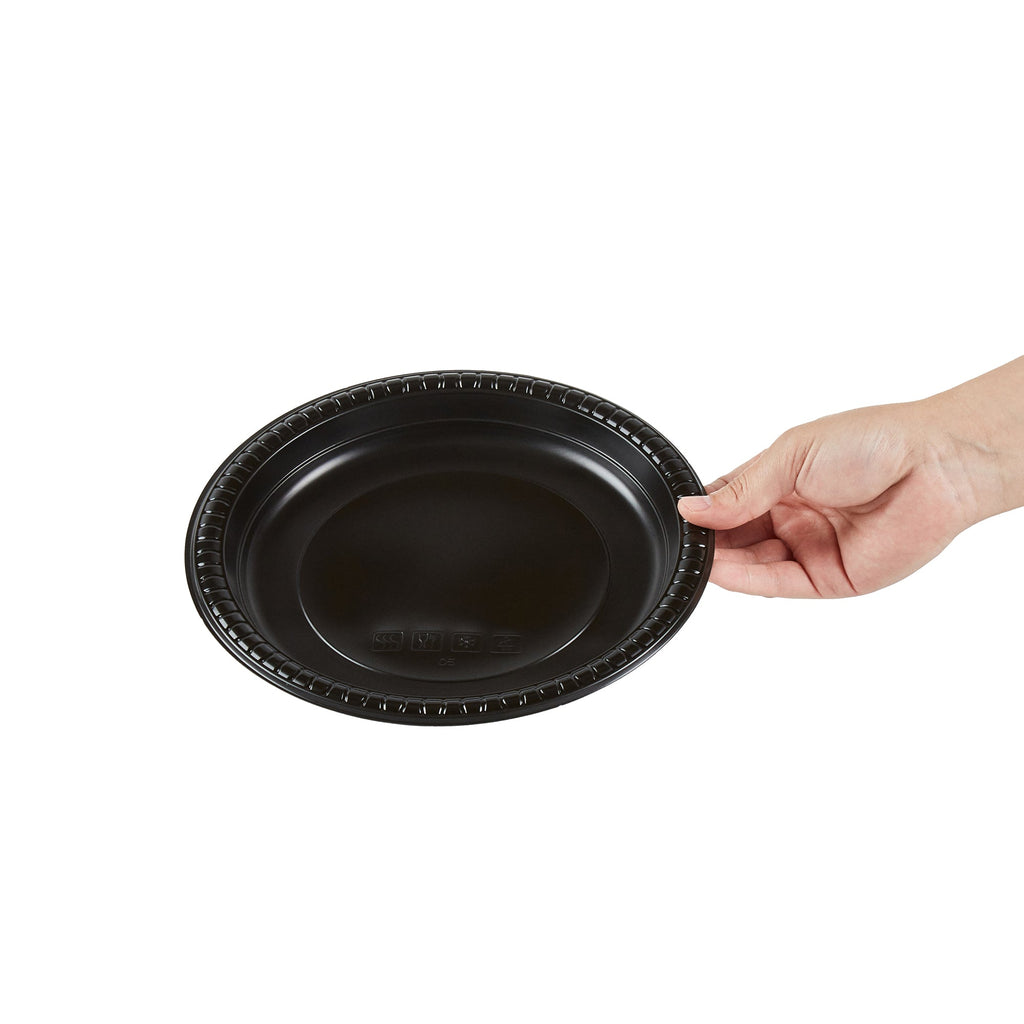 Chef 101 Round Black Plastic Plate - Microwavable - 9" x 9" x 3/4" - 50 count box