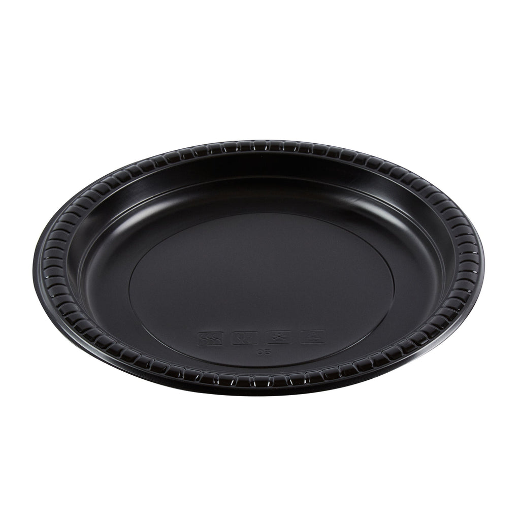 Chef 101 Round Black Plastic Plate - Microwavable - 9" x 9" x 3/4" - 100 count box