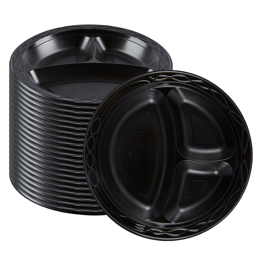 Chef 101 Round Black Plastic Plate - 3 Compartments, Microwavable - 9" x 9" x 3/4" - 100 count box