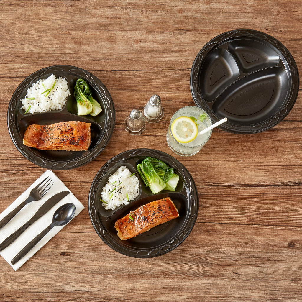 Chef 101 Round Black Plastic Plate - 3 Compartments, Microwavable - 9" x 9" x 3/4" - 50 count box