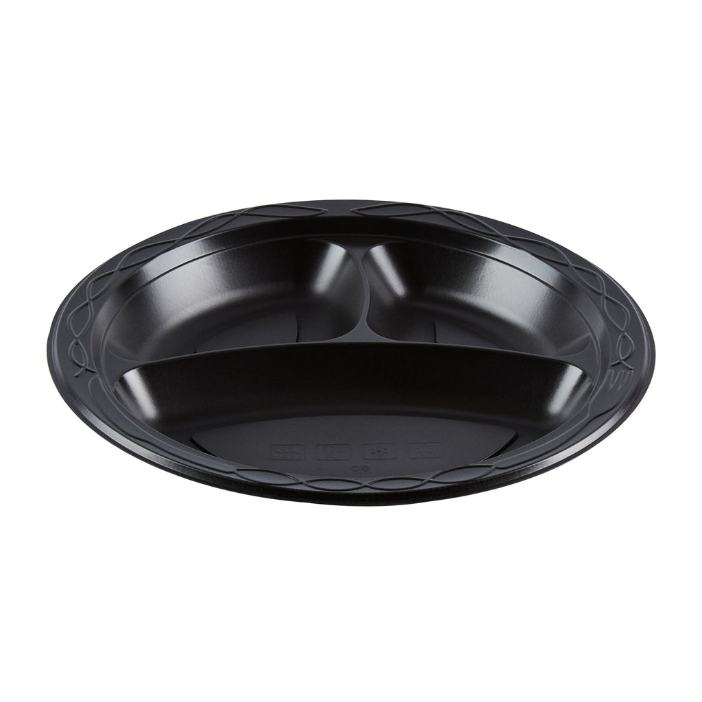 Chef 101 Round Black Plastic Plate - 3 Compartments, Microwavable - 9" x 9" x 3/4" - 50 count box