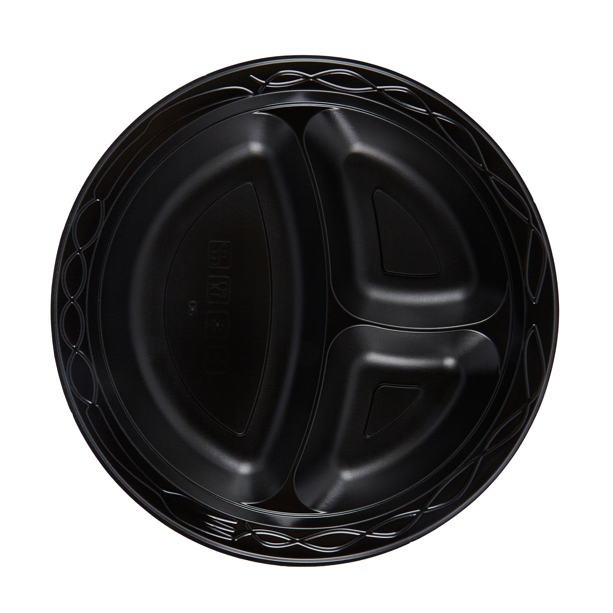 Chef 101 Round Black Plastic Plate - 3 Compartments, Microwavable - 9" x 9" x 3/4" - 50 count box