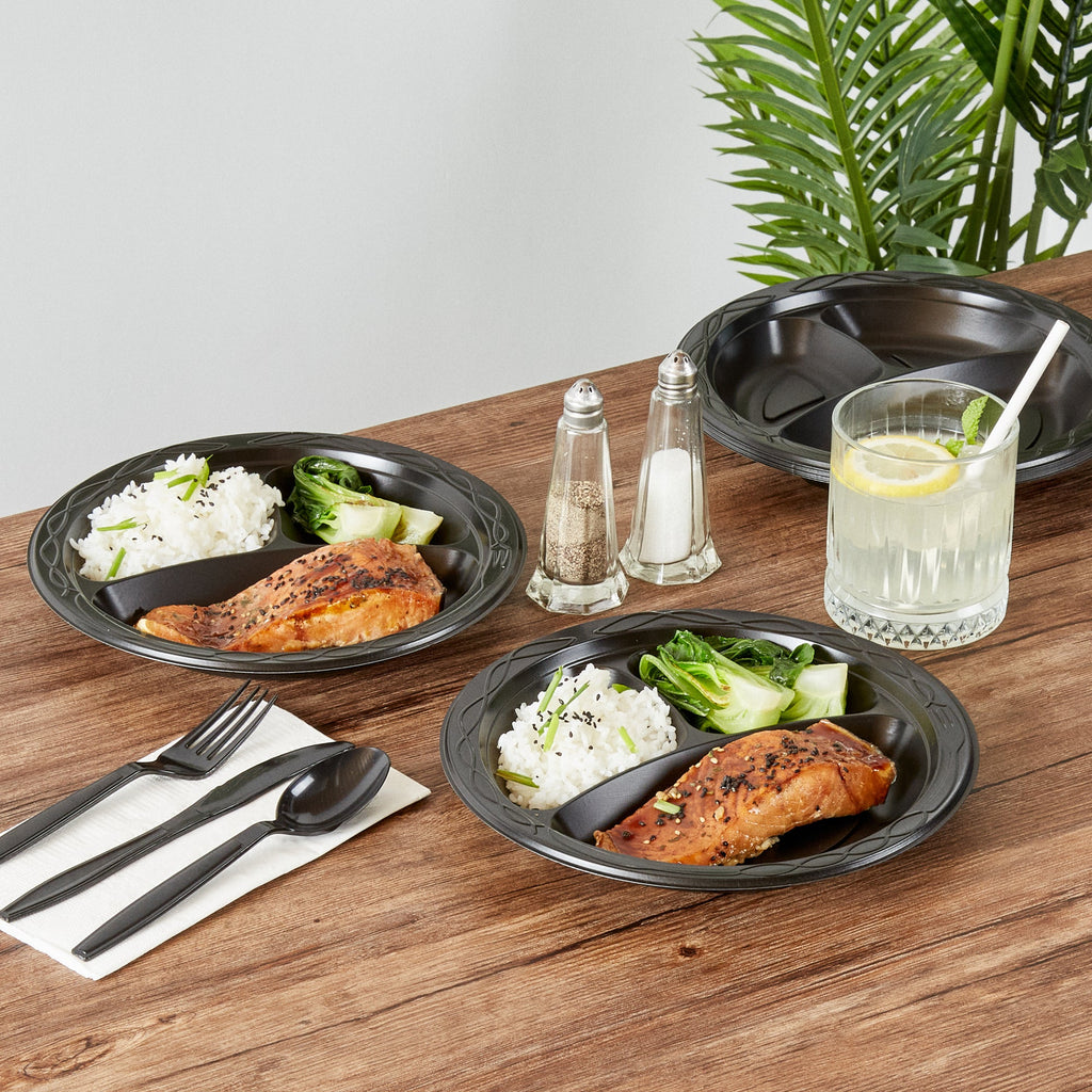 Chef 101 Round Black Plastic Plate - 3 Compartments, Microwavable - 9" x 9" x 3/4" - 50 count box