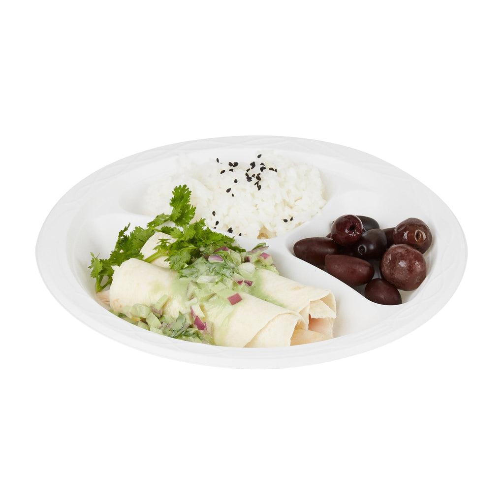 Chef 101 Round White Plastic Plate - 3 Compartments, Microwavable - 9" x 9" x 3/4" - 50 count box