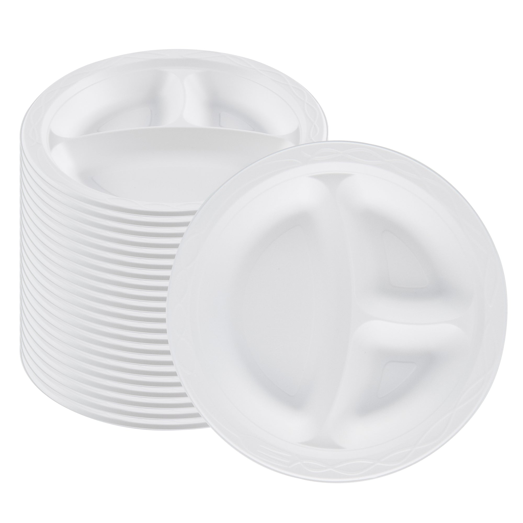 Chef 101 Round White Plastic Plate - 3 Compartments, Microwavable - 9" x 9" x 3/4" - 50 count box