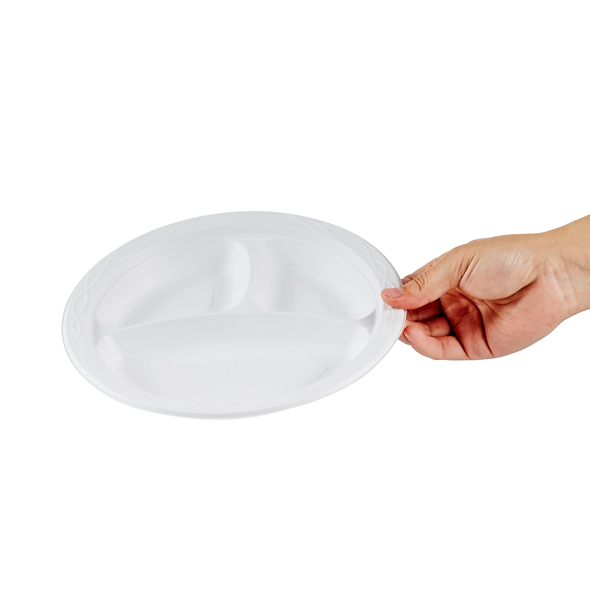 Chef 101 Round White Plastic Plate - 3 Compartments, Microwavable - 9" x 9" x 3/4" - 50 count box