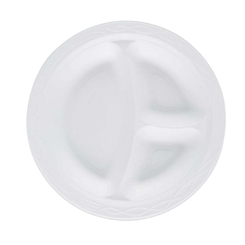 Chef 101 Round White Plastic Plate - 3 Compartments, Microwavable - 9" x 9" x 3/4" - 50 count box