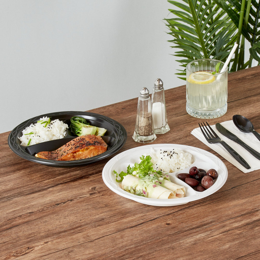 Chef 101 Round White Plastic Plate - 3 Compartments, Microwavable - 9" x 9" x 3/4" - 50 count box