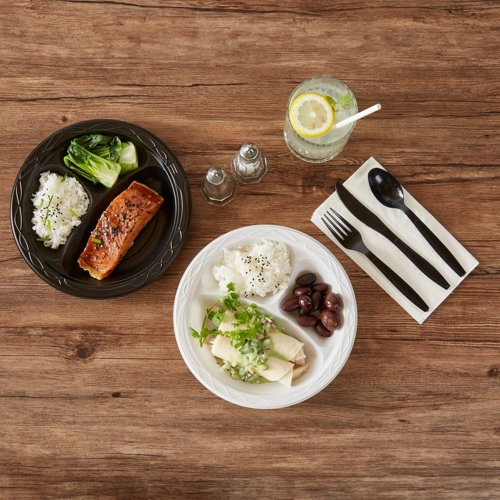 Chef 101 Round White Plastic Plate - 3 Compartments, Microwavable - 9" x 9" x 3/4" - 50 count box