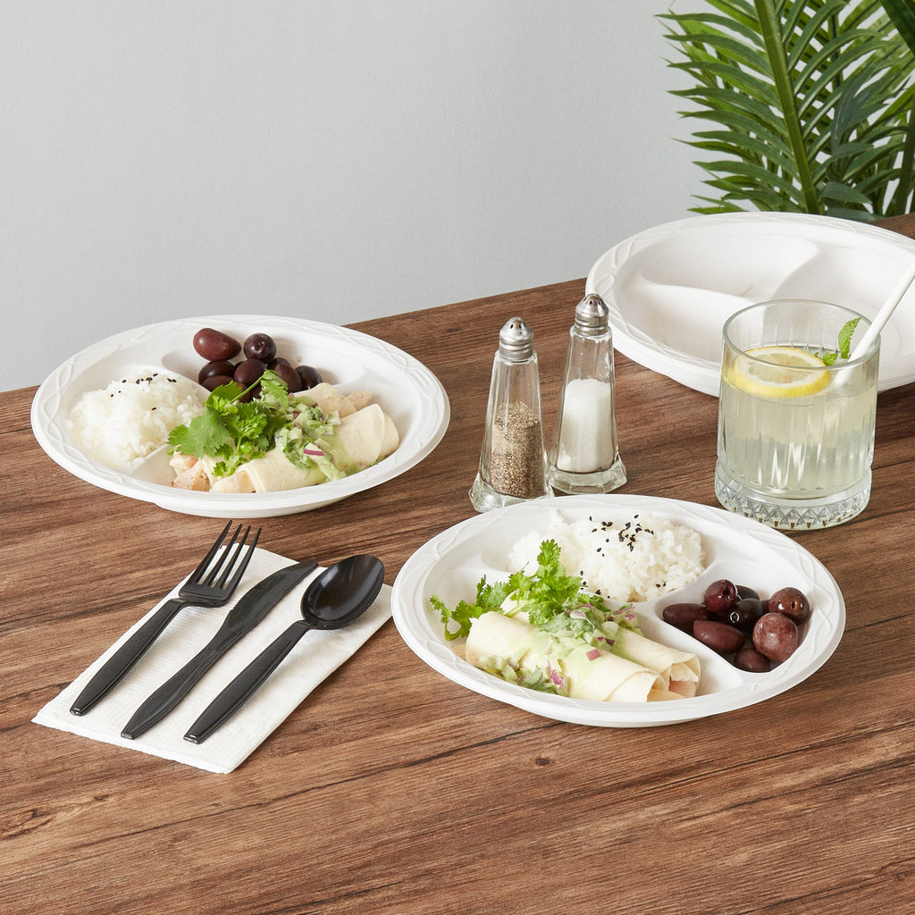 Chef 101 Round White Plastic Plate - 3 Compartments, Microwavable - 9" x 9" x 3/4" - 100 count box
