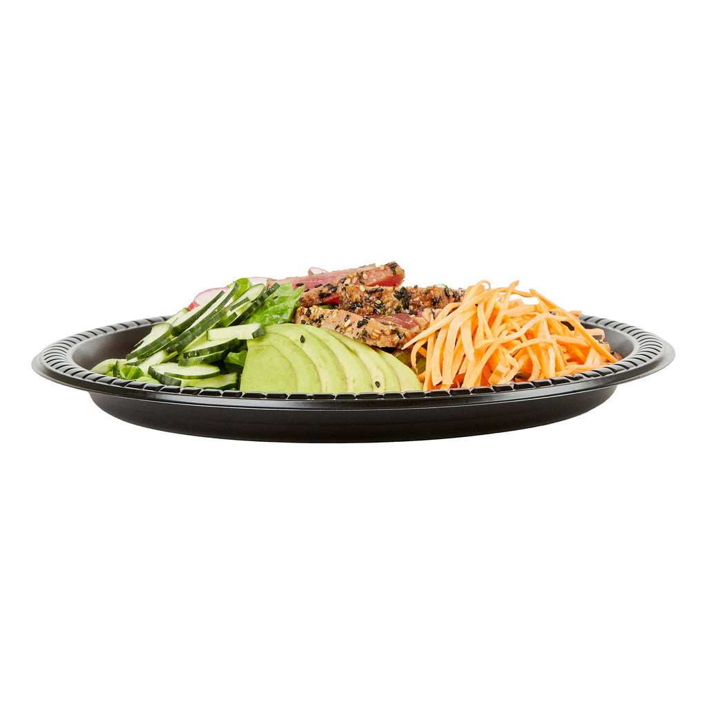 Chef 101 Round Black Plastic Plate - Microwavable - 10 1/4" x 10 1/4" x 3/4" - 50 count box
