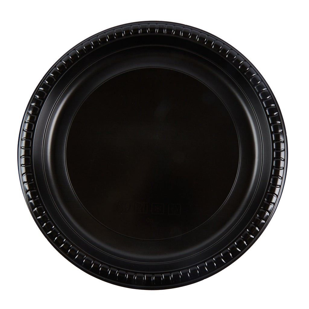Chef 101 Round Black Plastic Plate - Microwavable - 10 1/4" x 10 1/4" x 3/4" - 100 count box