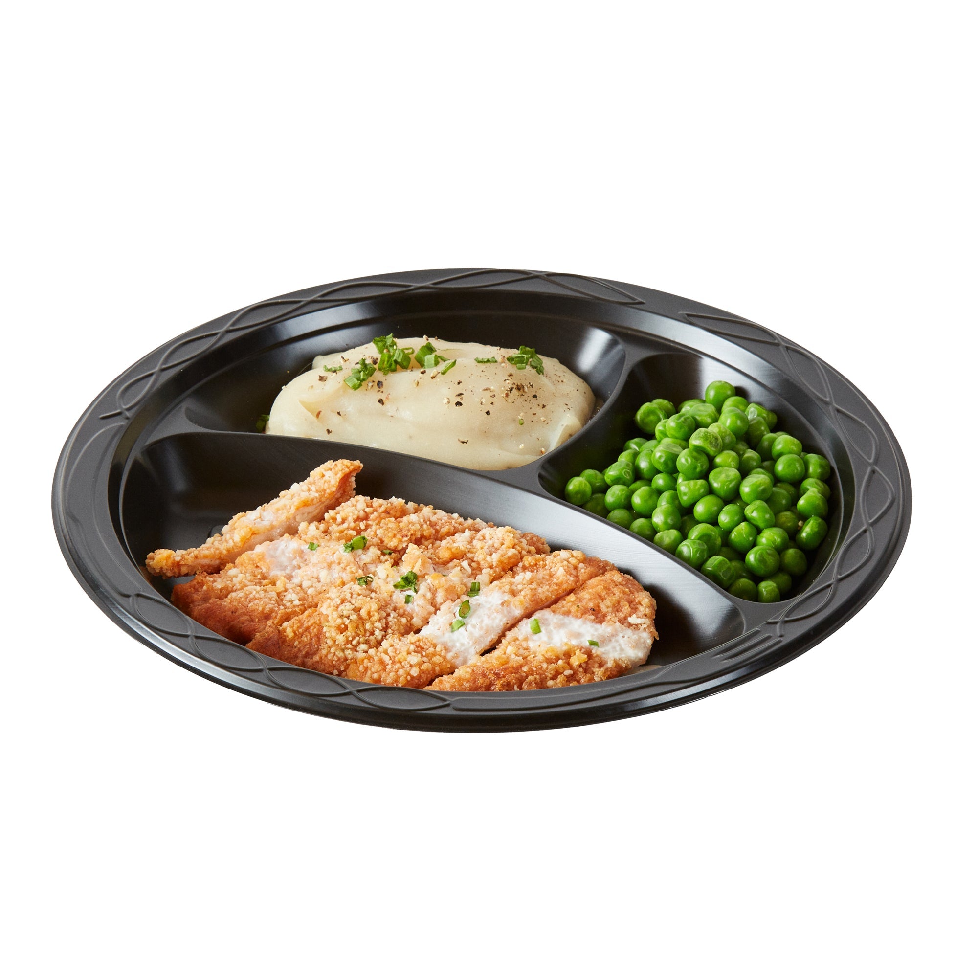 Chef 101 Round Black Plastic Plate - 3 Compartments, Microwavable - 10 1/4" x 10 1/4" x 1" - 50 count box