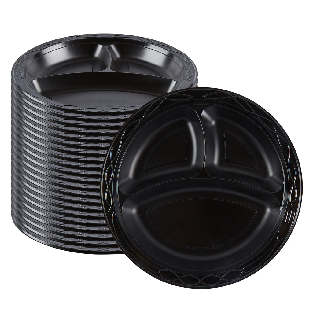 Chef 101 Round Black Plastic Plate - 3 Compartments, Microwavable - 10 1/4" x 10 1/4" x 1" - 50 count box
